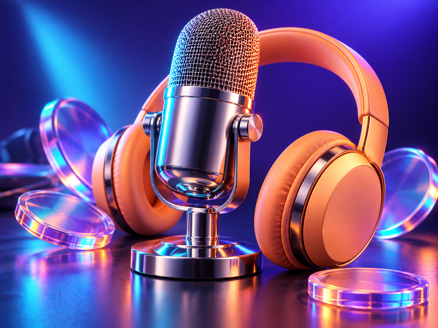 Chrome studio microphone and coral headphones surrounded by iridescent discs